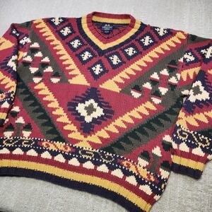 Vintage Willis & Geiger Sweater Men Large Aztec Navajo Heavy Cotton Chunky Knit